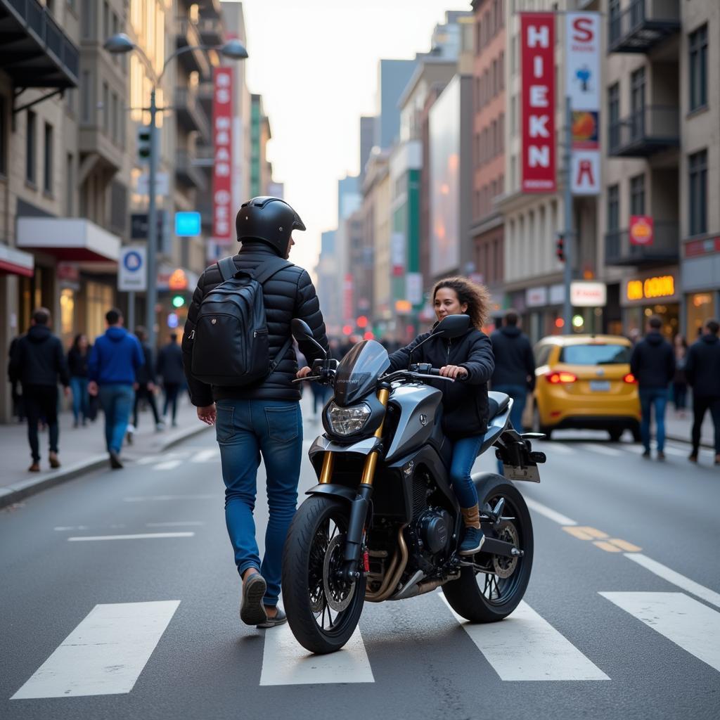 Pushing a Motorcycle on a Busy Street