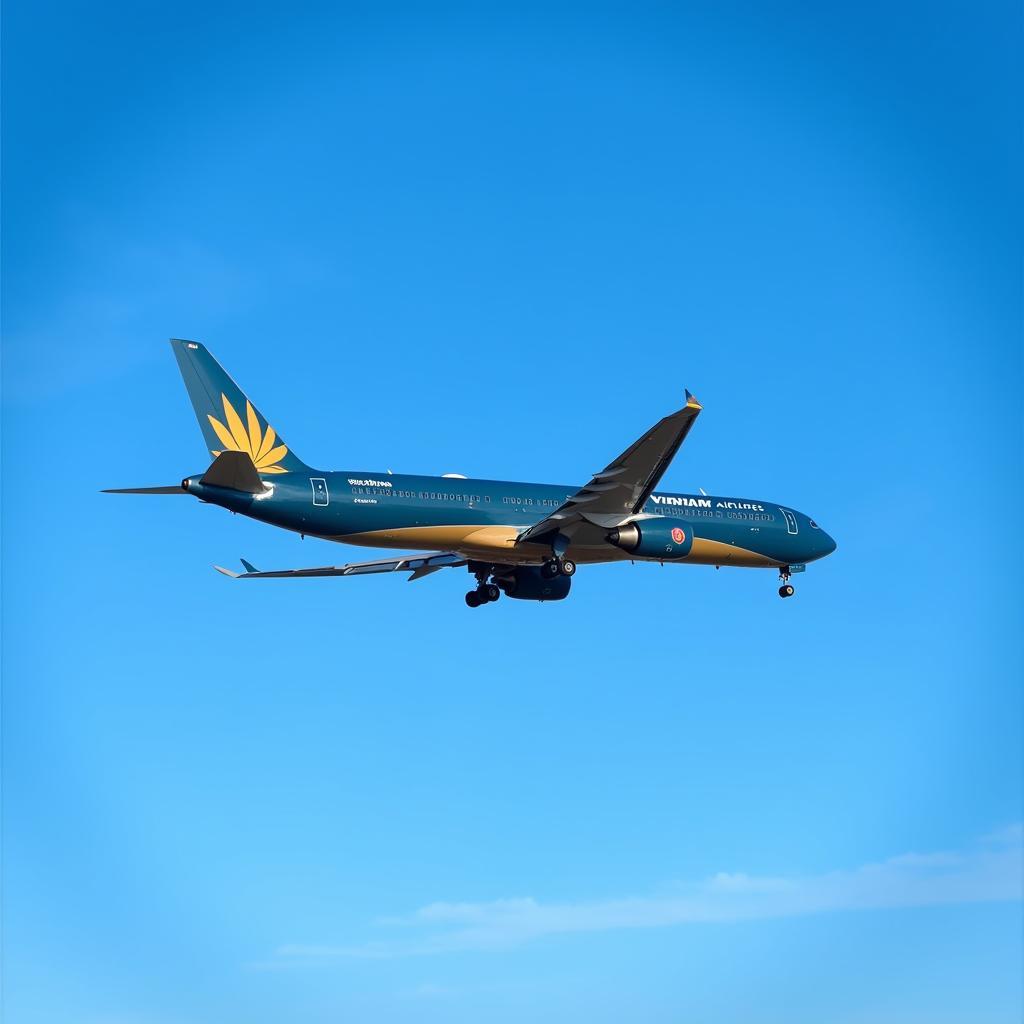 Máy bay Vietnam Airlines cất cánh trên nền trời xanh