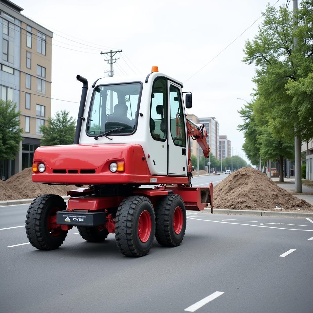 Máy Múc Bánh Lốp Di Chuyển Trên Đường Nhựa